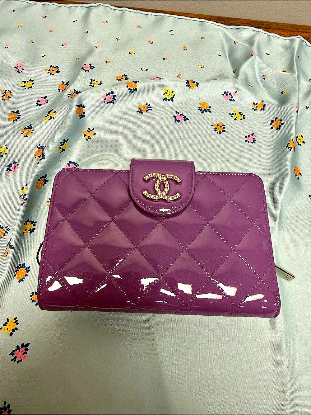 Chanel Purple Quilted Patent Leather CC Wallet